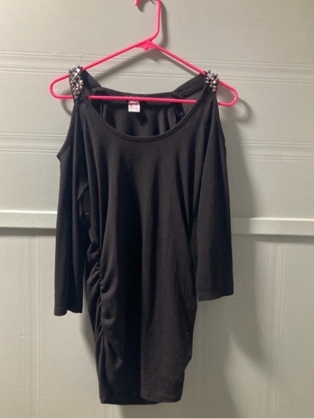 VENUS Black Cold-Shoulder Long Sleeve Top with Jeweled Shoulders